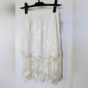 NWT Denim & Supply Ralph Lauren Cream Floral Embroidered Fringe Midi Skirt XS